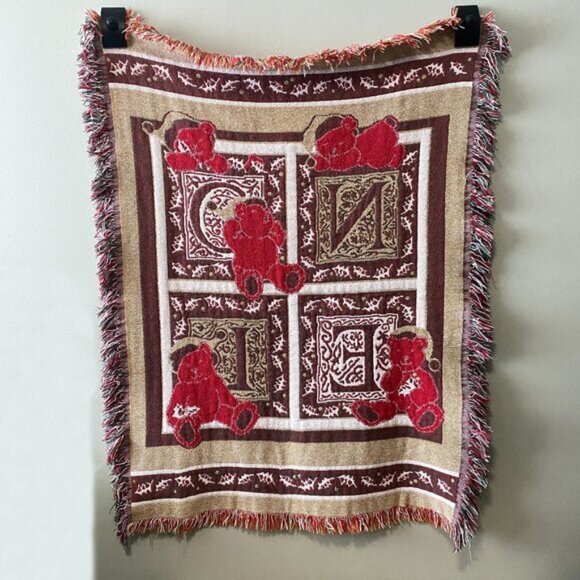 Vintage Woven Fringed Noel Christmas Themed 32 inch x 43 inch Tapestry Throw Bla - Picture 2 of 9